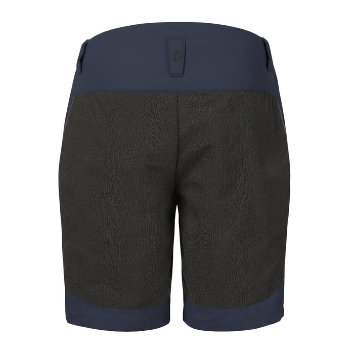 Navy Blue shorts with a black seat on a white background