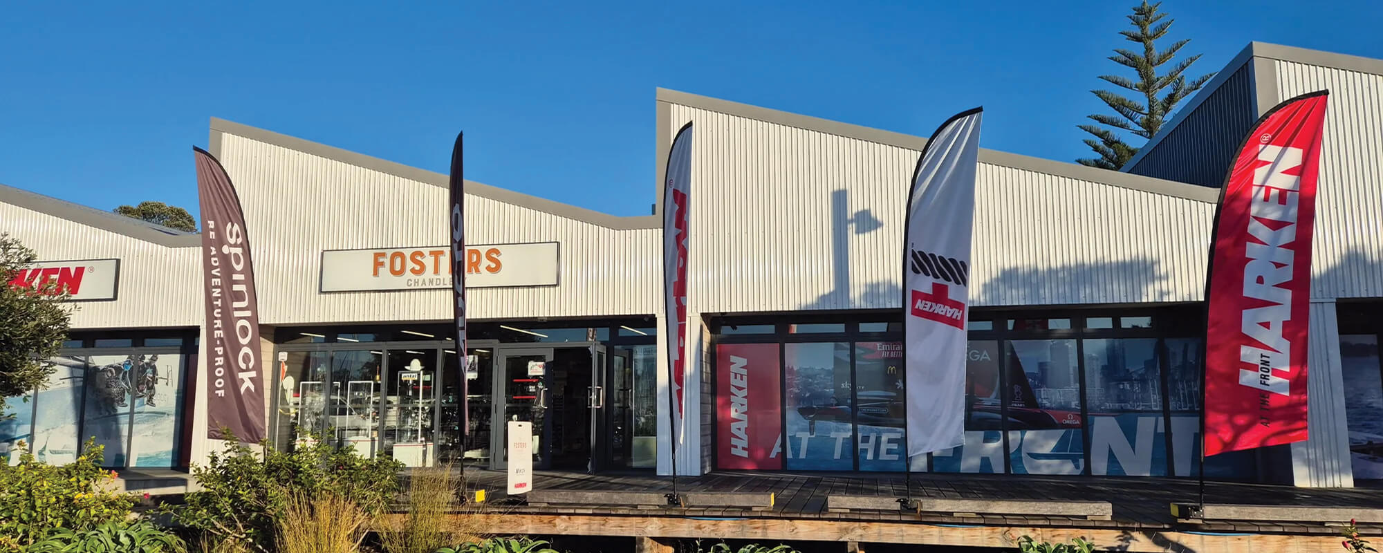 Exterior view of a marine supply shop in Auckland harbour